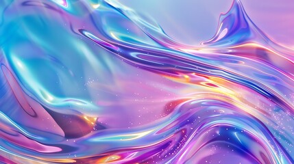 Abstract background of smooth, flowing liquid waves with iridescent, pearlescent colors like blue, purple, and gold. Fluid holographic texture concept.

