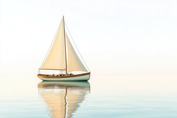Fototapeta premium A sailboat with beige sails glides serenely across calm, clear water under a pale sky.
