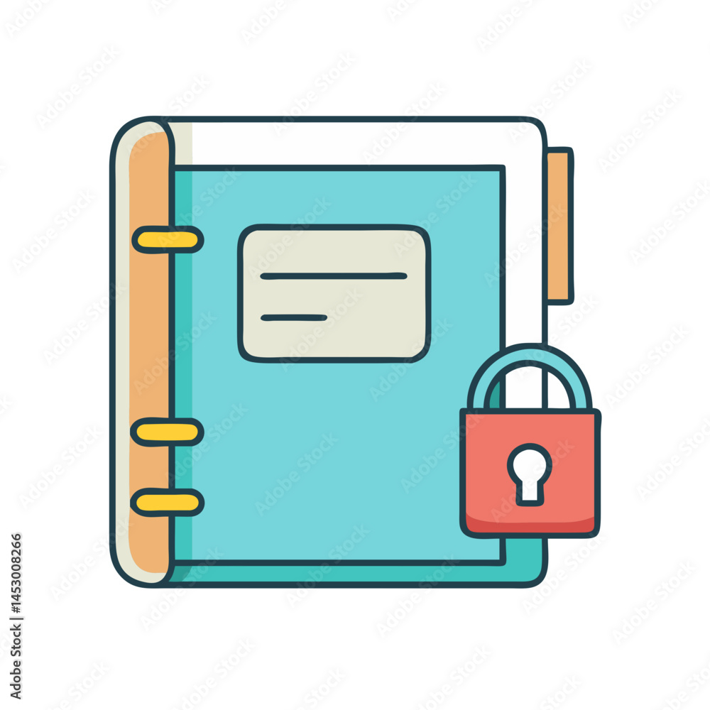 Poster secure notebook with padlock for data protection and privacy in a locked document folder design