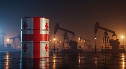Obraz premium Georgia Flag Oil Barrel in Industrial Field with Pump Jacks