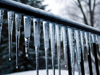 Frozen Jewels: A close-up of icicles hanging from a railing against a serene, snowy backdrop, glistening with icy elegance, and displaying winter's frozen beauty.