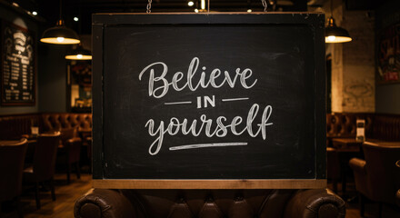 Inspirational chalkboard sign in cozy café with motivational message