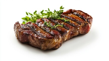 Delicious grilled steak with thyme garnish isolated on white background red bbq beef meat food herb