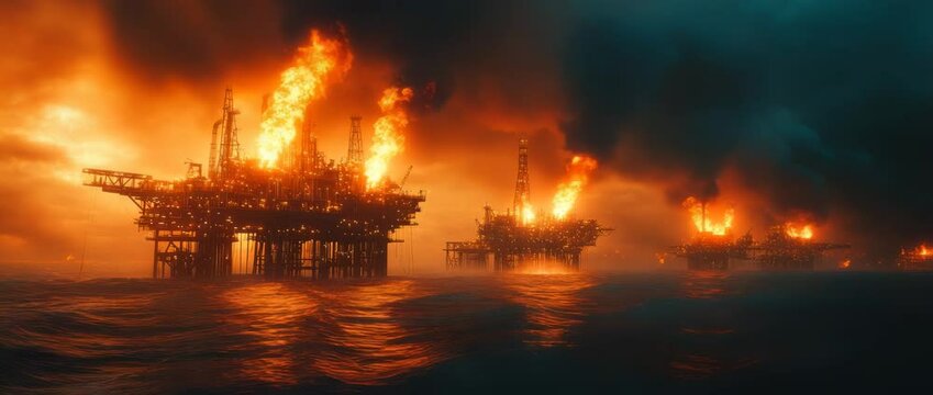 A dramatic and vibrant scene of oil rigs at night, with intense flames lighting up the dark ocean, creating an industrial and otherworldly environment