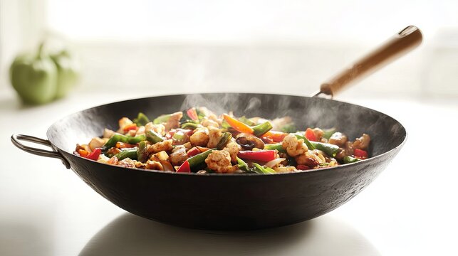 Delicious chicken stir fry in a wok with colorful vegetables hot eat food meal thai dish tasty lunch
