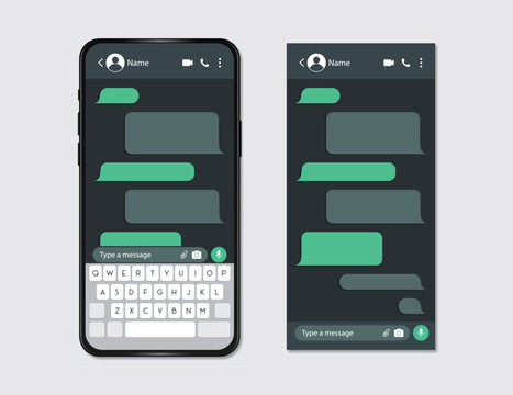 Realistic smartphone with messaging app. Conversation chat screen with green message bubbles placeholder text and Keypad. Interface of Mobile App in a Dark Mode. Editable Vector.