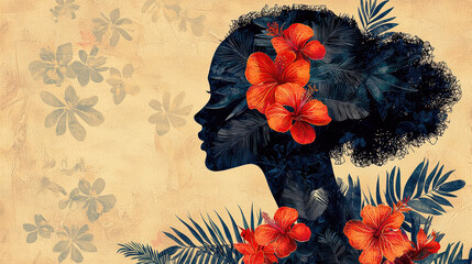 Silhouette woman adorned with tropical flowers and leaves