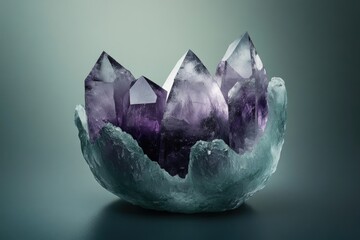Amethyst crystals nestled in a geode, showcasing their vibrant purple hues and intricate formations.