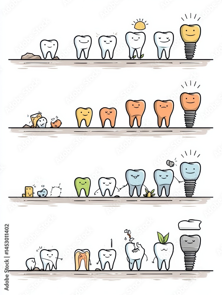 Poster cartoon sequence depicting tooth loss and recovery through dental implant process in clean line art 