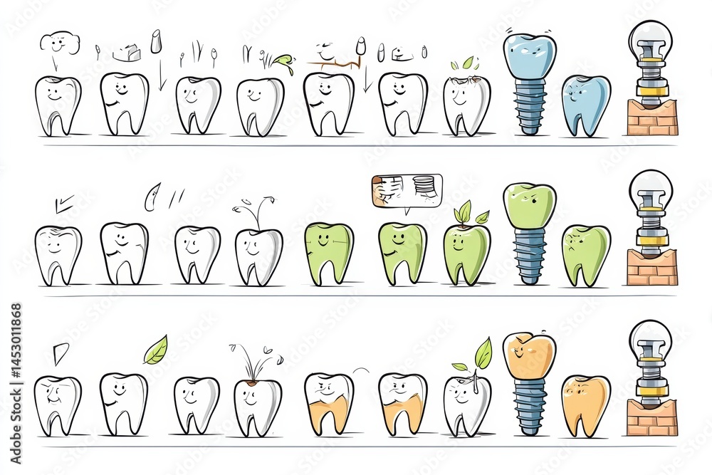 Aufkleber Cartoon Sequence Illustrating Tooth Loss and Implant Recovery Through Clean Line Art and Engaging Visuals for Easy Understanding and Education Generative AI