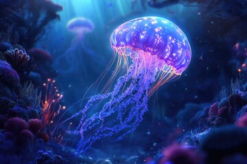 Fototapeta premium A bioluminescent jellyfish gracefully swims amidst vibrant coral reefs in a deep ocean scene.