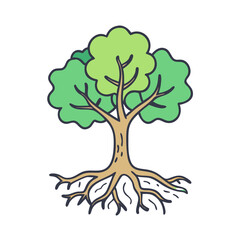 Fototapeta premium Illustration of a tree with green leaves and visible roots, a nature and ecology concept art design