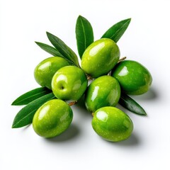 Obraz premium Green olives with leaves isolated on white background