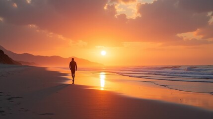 Obraz premium Solitude at Sunset: A Beachcomber's Journey