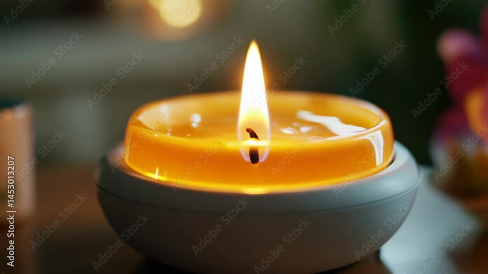 Poster A single lit candle placed on top of a table with a simple and elegant ambiance