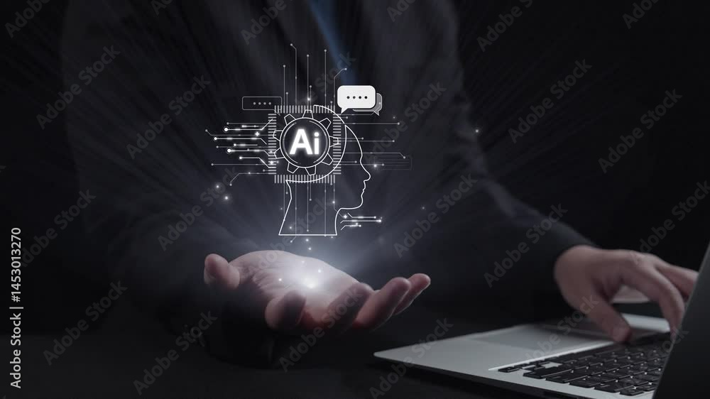 Poster human interact with ai artificial intelligence brain processor in concept of ai artificial intellige