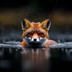 Majestic Red Fox Swimming in Dark Water Wildlife Photography