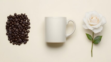 Obraz premium Coffee Beans White Mug Rose Flatlay Still Life