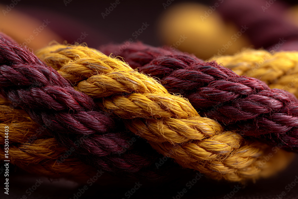 Poster close-up of intertwined yellow and maroon ropes, showing texture and detail, representing connection