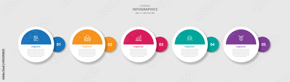 Poster 5 points template infographic with big circle and small badge with bold half circle with drop shadow
