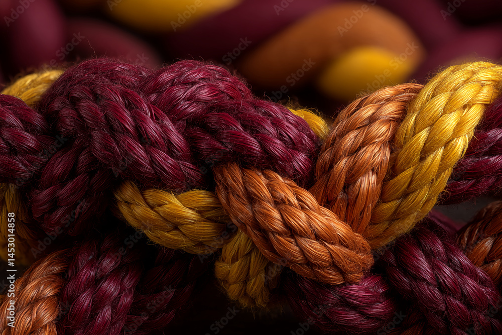 Poster close-up of intertwined maroon, orange, and yellow ropes, showcasing textured strands and knotting, 