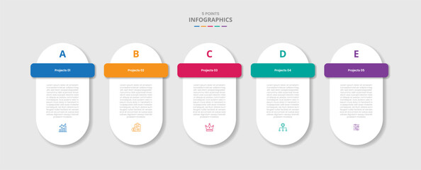 5 points template infographic with round capsule box container with rectangle badge header with drop shadow style with four stage list information