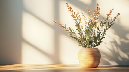 Simple potted plant in natural light.  Wooden vase with light-toned foliage in soft, diffused sunlight