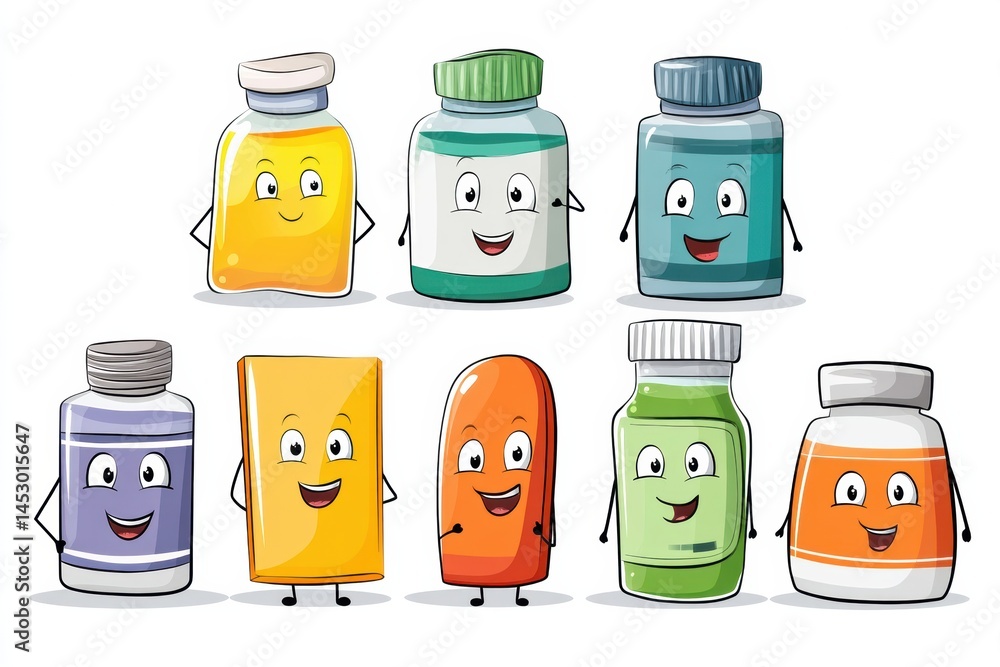 Poster cartoon vitamins with cheerful expressions showcase colorful labels on a clean white background in a