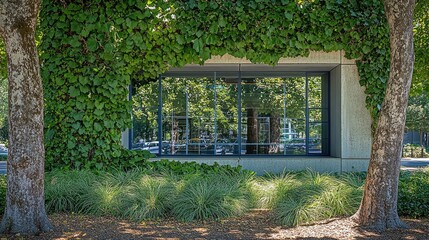 Verdant foliage framing a modern building's window.