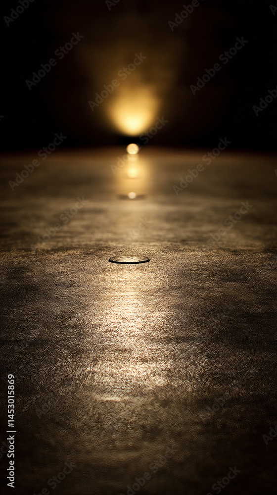 Poster Dark brown textured surface, illuminated by a warm light source, showcasing a small circular object in the center, creating a minimalist and elegant presentation, ideal for product display or branding