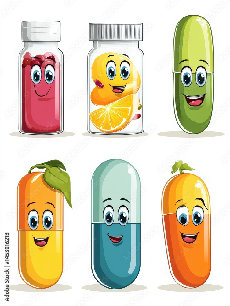 Poster cartoon vitamins with smiling faces in colorful capsules and bottles on a clean white background gen
