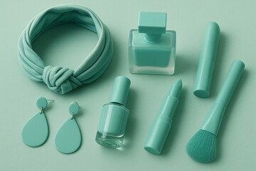 Obraz premium Modern Mint Green Beauty Accessories: Nail Polish, Lipstick, and More