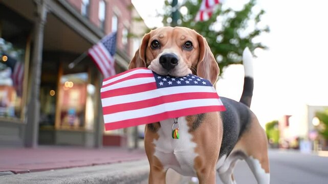 Beagle Standing Outdoors on Small Town Main Street, Holding Small American Flag Celebrating Labor Day
