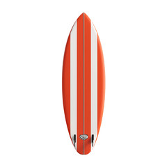 Surfboard with Red and White Stripes: A sleek, vintage-style surfboard in striking orange and white stripes, embodies the spirit of summer and adventure, ready to ride the waves.