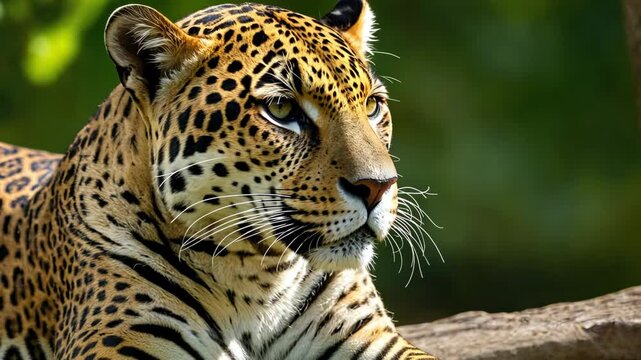 Jaguar lying on rock video clip. Close-up of wild cat predator with spotted fur. Powerful animal in nature habitat footage. Concept for wildlife conservation and zoology study.