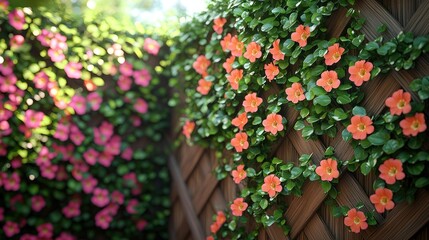 Fototapeta premium Flowers climb latticed walls, creating vibrant nature scenes
