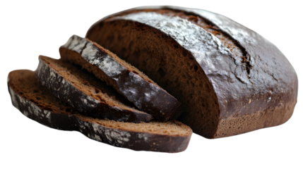 Sliced dark bread loaf rustic bakery food photography closeup view