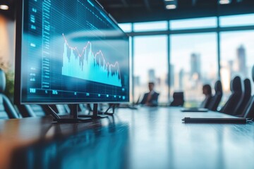 Conference room with a monitor displaying financial data and graph, focused on business analytics and market trends, ready for decision-making.