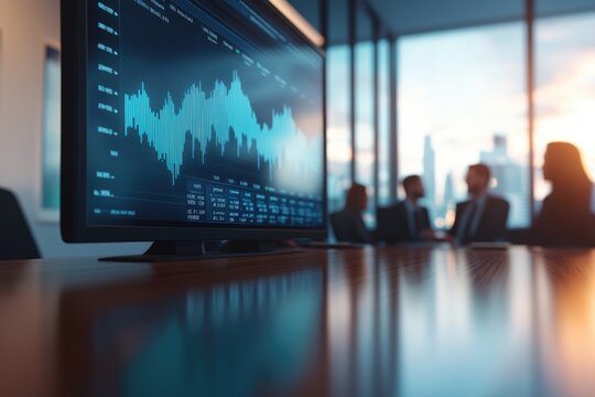 A trading chart on a large screen dominates a boardroom scene, with business people silhouetted against a bright cityscape in the background.