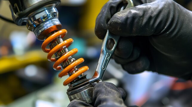 Motorcycle mechanic use spanner wrench to set the preload and locked the spring perches ,repair and maintenance motorcycle concept.selective focus