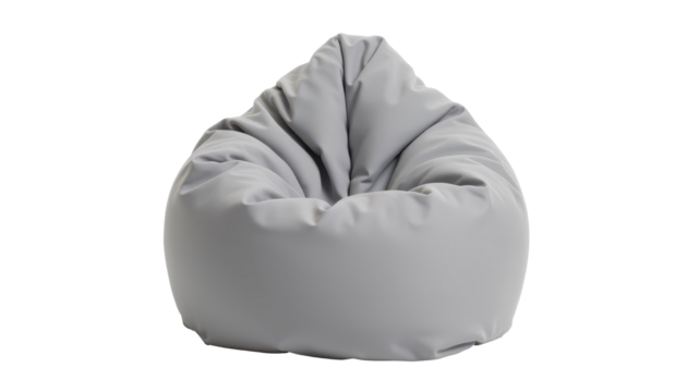 a bean bag chair in soft grey fabric with a relaxed shape, sitting on a bright white background