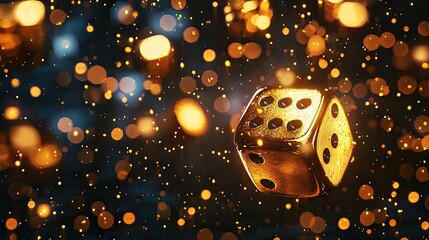 Golden dice illuminated by glittering particles in a dark background.