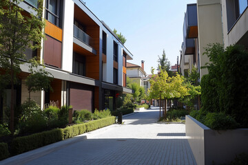 Fototapeta premium Walkway between urban apartments on sunny day