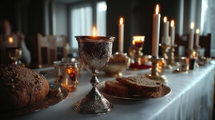 A table set with bread, chalice, and candles for a religious ceremony or special occasion event scene