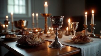 Fototapeta premium A table set with bread, a chalice, and candles creating a warm and inviting atmosphere for a meal