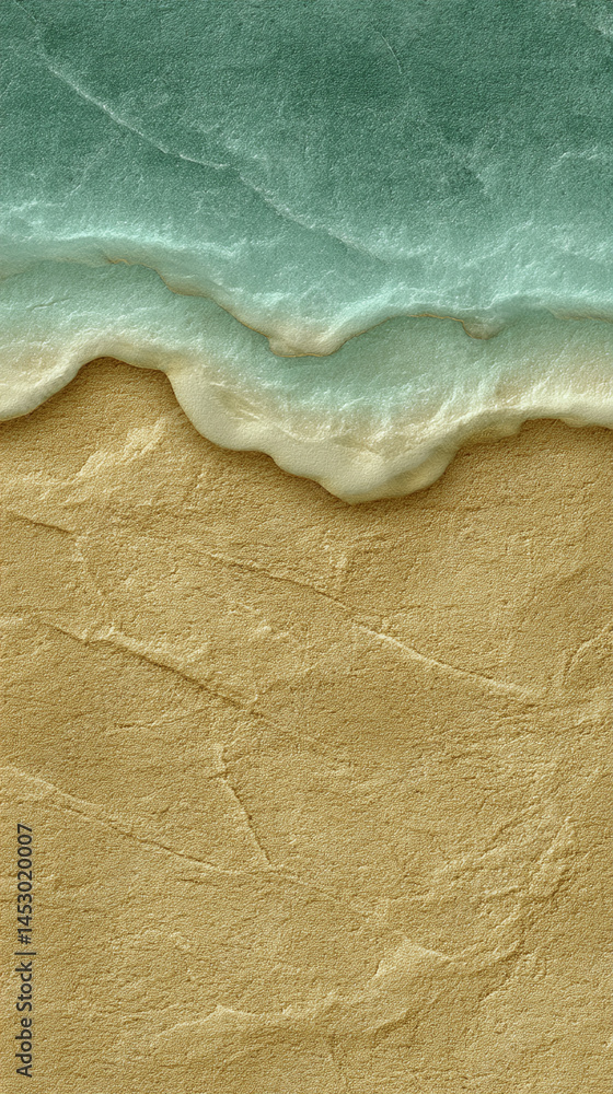 Poster Textured image of teal water lapping onto beige sand, creating a beach scene Mockup for design or background use
