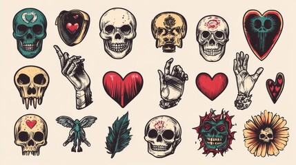 Rock n roll, punk music doodle set. Graffiti, tattoo hand drawn sticker, text, skull, heart, skate, gesture hand. Grunge rock vector illustration.