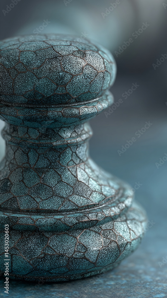 Poster close-up of teal textured object, showing intricate crackle pattern. showcase piece, representing el