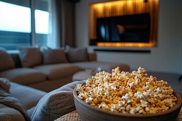 Obraz premium Cozy living room with a bowl of popcorn and a large screen showcasing a cinematic experience in the evening light