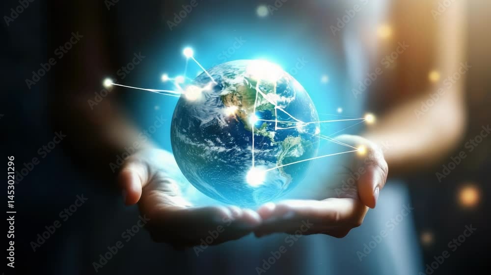 Poster A person grasping a globe in their hand, representing global connection and understanding